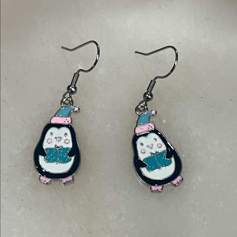 Penguin Earrings with Blue and Pink Accents
